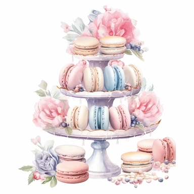 Clipart, Watercolor, Blush Floral Shabby Chic Tier Candy Tray with Sweets, Macarrons, Cakes and Cupcakes, light colors, hand-draw, texture