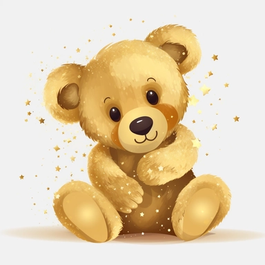 A cuddly teddy bear with soft, plush fur that sparkles with glitter. This sweet bear loves to give hugs and is always there for anyone who needs it. It has a heart of gold and is never happier than when it's snuggled up with its favorite human, cartoon, clipart