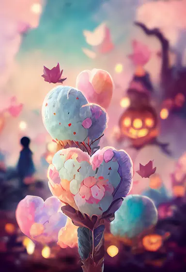 cute halloween clipart, OrientalLight, flowers, heart Pastel colors, Trending 8k, anime style, dynamic lighting, cinematic,