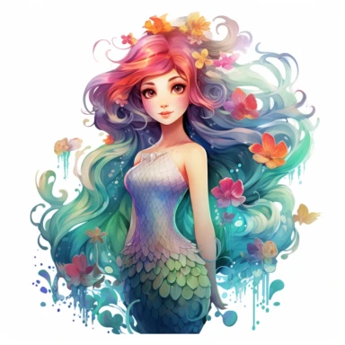 clipart white background isolated: enchanting mermaid showcasing a colorful watercolor rainbow hair and a nice body of fish