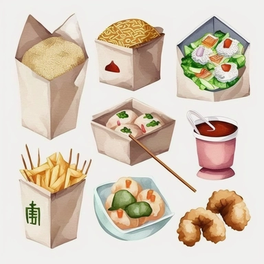 Chinese food emoji pack, isolated, clipart, watercolor, muted colors, pastel colors, realistic watercolor. reference by angela Hao