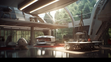 movie clip scene mid day of summer, shimmering lights and shadows over living room studio library and kitchen open concept photographic high definition render, cold blinding shinny white fall light god rays shadows shimmering closeup detail concept art detailed painting with giant spaceship window of a cool industrial living quarters spaceship , huge over window with gorgeous galactic view, happy blade runner android, cool airvehicle cockpit, living bedroom office, droid parts in shinny clothes 