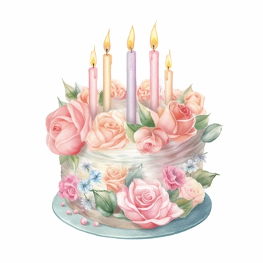 complex watercolor illustration of cute vintage floral pastel birthday cake with candles covered with pastel roses, isolated ,disney style,concept,art,8k,hd,watercolor,detailed,white backround,clipart