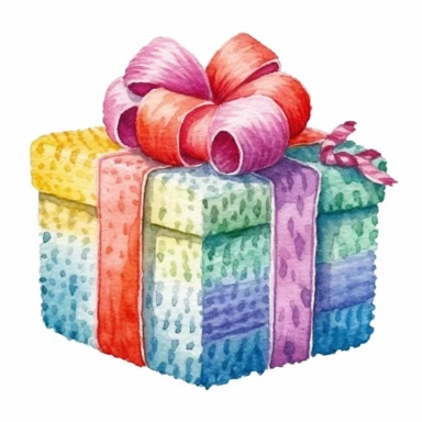 A Christmas gift box, full color, knitted painting texture, Perfect for nursery art and children's book illustration style, simple, cute, full color, clipart, watercolor illustration, single object, high definition 8k, white background for removing background