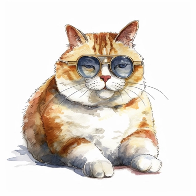 watercolor cozy watercolor clipart artwork of fat cat with sunglasses, hd white background