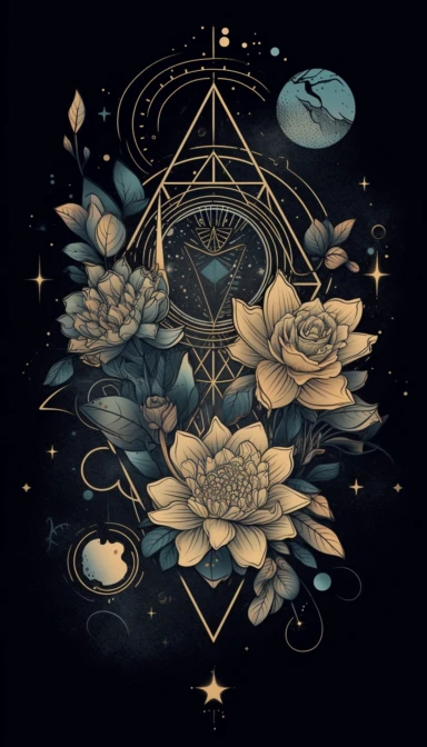 tattoo clipart, minimalism art decor image of a vector moon, lotus flowers, peonies, Buddha, stars and planets, vertical, sacred geometry, tiny, metallic colors, spiritual, vector, phone wallpaper, high quality image, vector, logo, pastel, triangle and sacred geometry, dark background