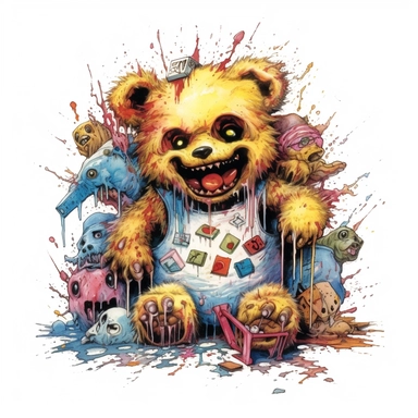 vintage evil horror teddy bear clipart surrounded by a white background, rotten, ben templesmith, lisa frank, frank frazetta, richard scarry, clean border, white background