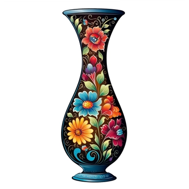 Clipart : Imagine a tall, elegant vase with a slender neck and a slightly flared base. The neck should be gracefully curved, while the base can have intricate patterns or motifs. Add subtle decorative elements to the vase, such as embossed textures, delicate engravings. These could be floral patterns. Picture a lush bouquet of colorful flowers arranged within the vase. Choose a variety of flowers with different shapes and sizes to create an interesting composition. Include flowers like roses, da