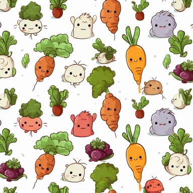repeating tiles of cute clipart of vegetables in a chibi style with a white background