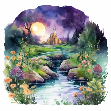 cartoon fairy glen by the River, grass and flowers line the sides if the river, glowing lights and sparkles, colors of green purple gold and blue, glamorous realistic and detailed, watercolor, white background with margins, clipart style