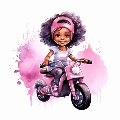 Cute little girl black skin sitting on her motorcycle pink watercolor Clipart