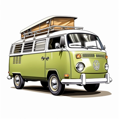 in clipart style, A meticulously crafted illustration of a Green 1970 Volkswagen Westfalia Camper with a raised roof highlighting its iconic design and graceful contours, placed against pure white background (style: evoking the accuracy and refinement of classic automobile blueprints) (lighting: deliberate, directional lighting, casting gentle highlights and shadows on the car's structure) (colors: an elegant palette of red for the Volkswagen's body set against a pristine, white backdrop) (compo