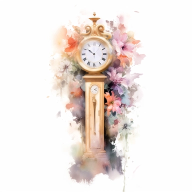 Victorian grandfather clock clipart, soft pastel flowers, in the style of realistic watercolors, feminine sensibilities, detailed illustrations, made of all of the above, in style of Willem Haenraets, clean background, white background, on a white background, transparent background