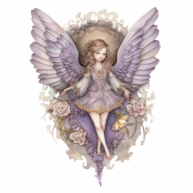 A watercolour vintage painted small angel full body out of the canvas, a drawing of a flying small angel full body with coloured pencils on top, in the style of intricate and bizarre illustrations , light purple and amber and gray, realistic color schemes, supernatural creatures, flower and nature motifs, master of ink, three - dimensional space, inspired by Stamperia, clipart
