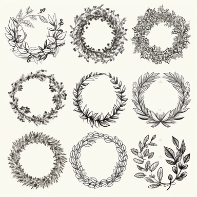 9 different circle wreath clipart designs, 80% of all circles' circumferences drawn with solid line or dotted line or invisible line and 20% of remaining circles' circumferences drawn with very simple minimalist, stylish leaf or flower figures, white background, simplified line drawing style, 8k