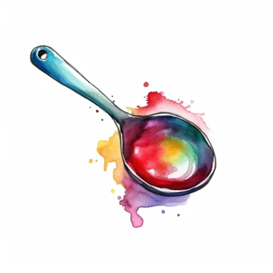 A watercolor ladle clipart against a pristine white background, showcasing the simplicity and functionality of this classic kitchen utensil. The watercolor strokes add a sense of movement and grace, capturing the ladle's curved shape and smooth lines. The colors used are bold and vibrant, symbolizing the nourishment and joy that a ladle brings to a meal. The white background creates a clean and contemporary composition, allowing the ladle to stand out as a symbol of culinary tradition.