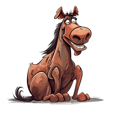 A funny horse clipart in comic style on white background. The horse sitting has a big head in relation to the body, as horse is seen with the whole body, caricature