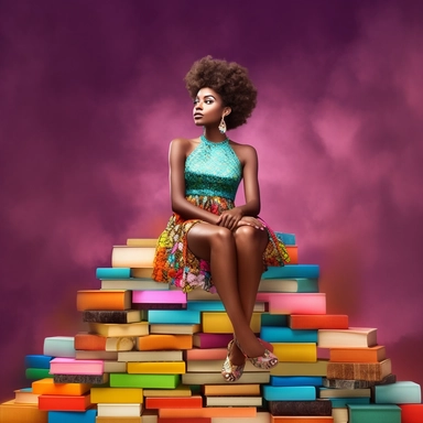 Clipart illustration of afro cosmepolitian woman sitting on top of books, realistic in the style of nene thomas, 100k background, Abstract, Colorful, beautifully color - coded, beautifully color graded, Unreal Engine, Cinematic, Color Grading, Editorial Photography, Photography, Photoshoot, Shot on 70mm lense, Depth of Field, DOF, Tilt Blur, Shutter Speed 1/ 1000, F/ 22, White Balance, 32k, Super - Resolution, Megapixel, ProPhoto RGB, VR, Lonely, Good, Massive, Halfrear Lighting, Backlight, Natu