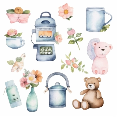 baby stuff, water color, clipart sets, with white background