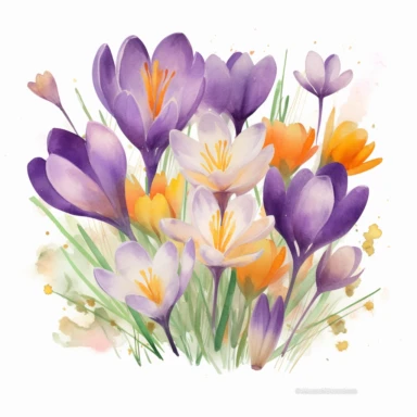 Illustrate a watercolor clipart composition of a crocus meadow, capturing the vibrancy and charm of these flowers in the Michelangelo-inspired Watercolor Haven style on a white background. The harmonious composition, rich colors, and chiaroscuro techniques make these crocuses a beautiful choice for various designs.