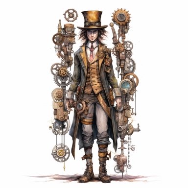 steampunk victorian prototype, full body, watercolor, gears, pinions, calipers, clocks, rivets, top hat, clipart, duo tone, realistic, ultra resolution, vivid detail, 8k, minimal watercolors, white background