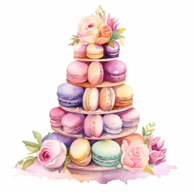 A beautifully arranged macaroon tower for a wedding reception clipart, white background, watercolor sophisticated drawing