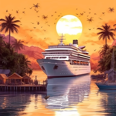 fantasy cruise ship in sunset, paradise island digital clipart on white paradise