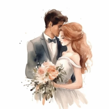 Very cute wedding illustrations clipart , newlyweds, on a white background , watercolors, husband and wife on their wedding day , love