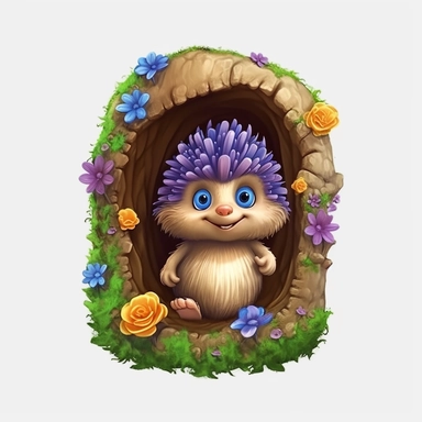 adorable hedgehog with bright eyes and a curious expression. peeking out from a cozy hole in a tree trunk, surrounded by moss, mushrooms, Fairytale Cartoon Art Style, Full Body Image and Appearance, 3D-Designed Character, in style of clipart with no background