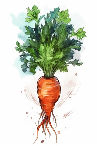 a large carrot with leaves, tshirt design clip art, watercolor style of art on a white background