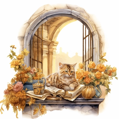 watercolor mixed media masterpiece royal kitchen beautiful window with sleeping cat and books and basket with flowers, decorated with flowers, golden accents, provence, by Adonna Khare style, Baroque style, PNG clipart, isolated on white, extreme photorealistic details, 32k HD resolution, realistic high detailization high resolution