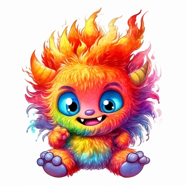 whimsical kawaii chibi fluffy colorful fire monster with big eyes, big teeth and demon tail, cartoon clipart on white background with margins, watercolor, icon, sticker, vivid colors, full colors, and details, 32k, 3d