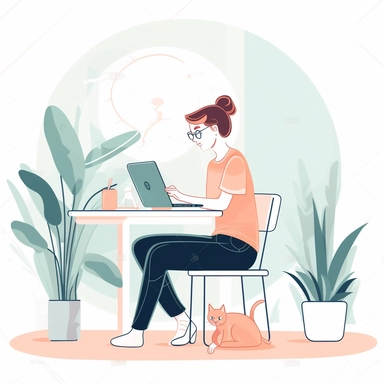 lofi woman using laptop at desk in space clipart white background clean lines