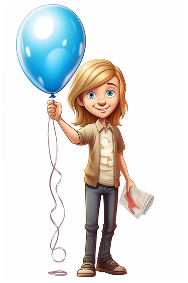 hp clipart,cute boy dressed in light summer clothes holding 2 brown cooper balloons in his hand, big blue eyes, long blond hair, on white background, vector , fully detailed, full body figure view
