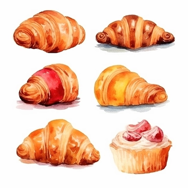 Watercolor Desserts Food Croissant Clipart , minimalist isolated white background, 8k