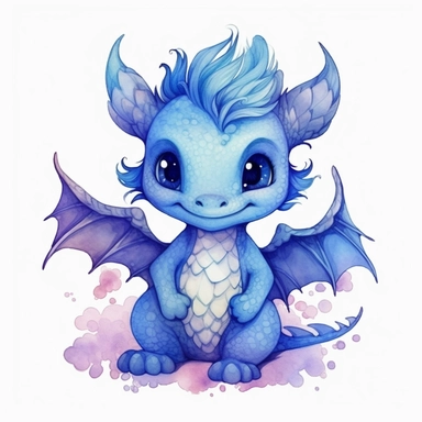 Watercolor Indigo baby dragon pixar style clipart on a white background in the style of feminine sticker art, Tanya Shatseva, storybook illustration, , Claude Monet, colored line art, colored outlines, cottagecore design, watercolor on white background, ombre, cool tones: colored line art, colored outlines, iridescent ombre, gradient shading, cool tone, vibrant digital art oil paint photorealism