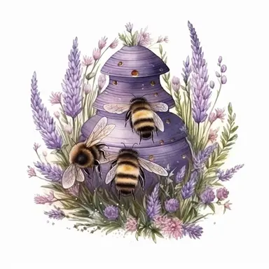 hand drawn beehive, bumblebees, purple flowers and grass, very detailed, very realistic, watercolor, clipart style
