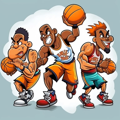 Create a picture of multiple cartoon basketball players showing off their skills on the court, The players should be diverse in terms of their appearance, including skin color, hair style, and body type, clipart images, The image should be colorful and playful, with a white background, clip art, The 3rd render should showcase the excitement and energy of the scene