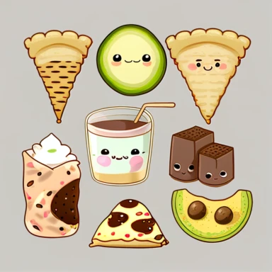 Kawaii Chinese dumplings, cookies and milk, ice cream, avocados, tacos, nutella and toast clipart