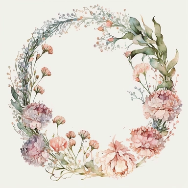 A watercolor clipart featuring delicate carnation flowers arranged in a circular wreath or garland. The flowers are depicted with intricate details, capturing the texture and delicacy of each petal and leaf. The watercolor technique used in the painting gives the image a soft, dreamy quality, with the colors blending together in a way that suggests movement and life. The circular design adds an elegant and sophisticated touch to the image, making it suitable for a variety of occasions such as we