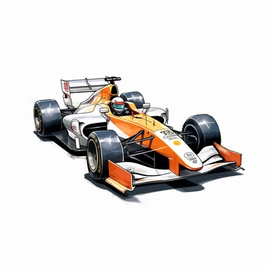 Clipart of the formula one car from Nyck de Vries with minimal details, aquarel colored cartoon style with thick borders. Only the car. White background, no floor, no shadow