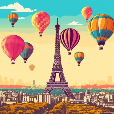paris eiffel tower clip art, hot air balloons and paris city in background, artwork, vibrant colors, sharp image