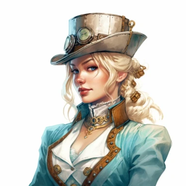 Solid white background. Waist-up illustration of a determined steampunk woman, her intense gaze and resolute smile reflecting her strong determination. Her alabaster skin and blond hair beautifully contrast her attire in shades of bronze and aquamarine, a testament to Victorian elegance and steampunk aesthetics. Instead of a hat, she wears a sleek headband adorned with industrial motifs. The background lacks any steampunk elements. Pastel clipart, hyper-realistic, retro-futurism, solid white bac