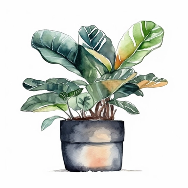 Watercolor clipart tropical single planter, Watercolor clipart tree planter, single watercolor houseplant clipart in pot, black contour around the leaves, white background,