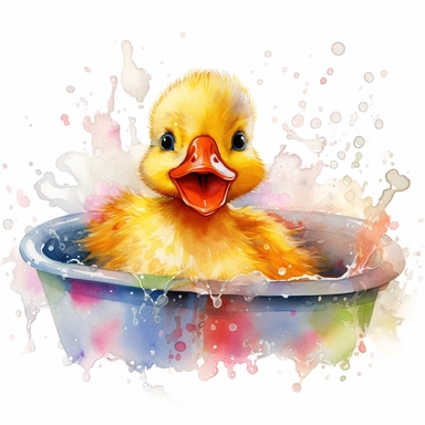 realistic watercolor clipart featuring a cute baby duckling, full of pure delight, as it happily frolics and splashes in a bathtub filled with a medley of colorful bubbles. The duckling's endearing expression and fluffy downy feathers are depicted with clean lines and vibrant colors, while the bubbles pop with a playful assortment of bright tones. The watercolor painting is created in a clipart style, allowing for easy integration into various projects and designs. Against a white background, th