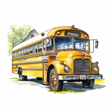 School bus watercolor,simple Watercolor, hyper realistic, white background, white margins, 16k, ultra detailed clipart, cut out image, hand - drawn, whimsical manhwa style, ultra HD, sharp and clean art