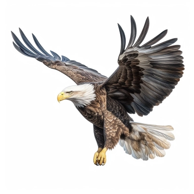 oil painting of bald eagle, flying through air, clipart, white background, hyper detailed, realistic