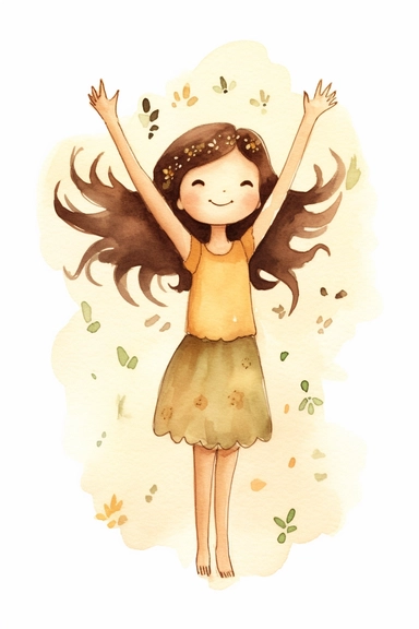 Love in you, girl, dancing, full body, happy face, brown hair, flower on head, beautiful thoughts, beige background, self love, self confidence, watercolor, simply drawn for children book, handrawn watercolor graphic clipart, 16k