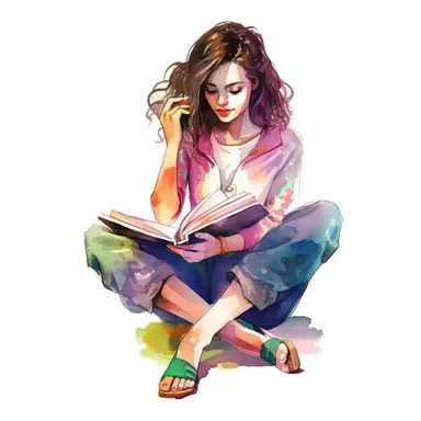 brunette woman, sitting crosslegged, barefoot, reading a book, blushing, flustered, biting-her-lip, watercolor, illustration, vibrant colors, transparent background, 8k, clipart