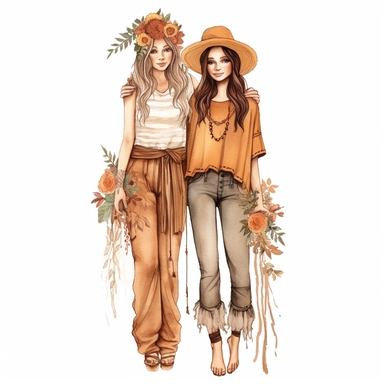 boho Best Friends Clipart, Girlfriends, full body, fashion, pretty face no text, no watermark white background